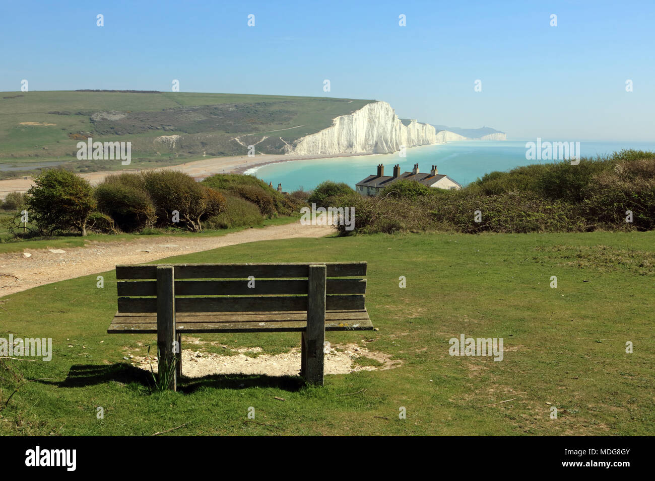 Seaford, East Sussex, England. 19th April 2018. Fabulous Spring sunshine from Seaford Head with views to the Seven Sisters, East Sussex. Stock Photo