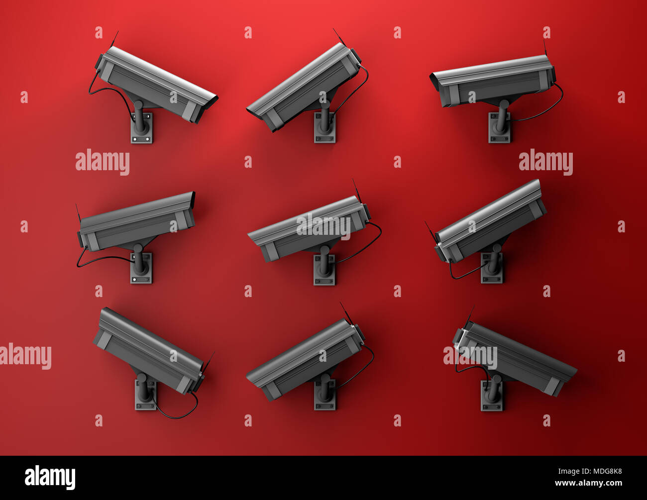 3d illustration of data protection technology privacy concept with many surveillance cameras on a red wall pointing in different directions Stock Photo