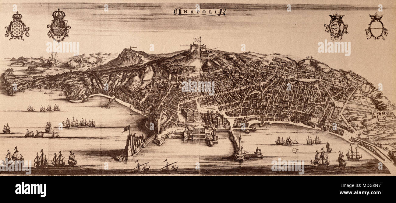 Napoli View by Stopendael 1653 - copper engraving overall view Stock Photo