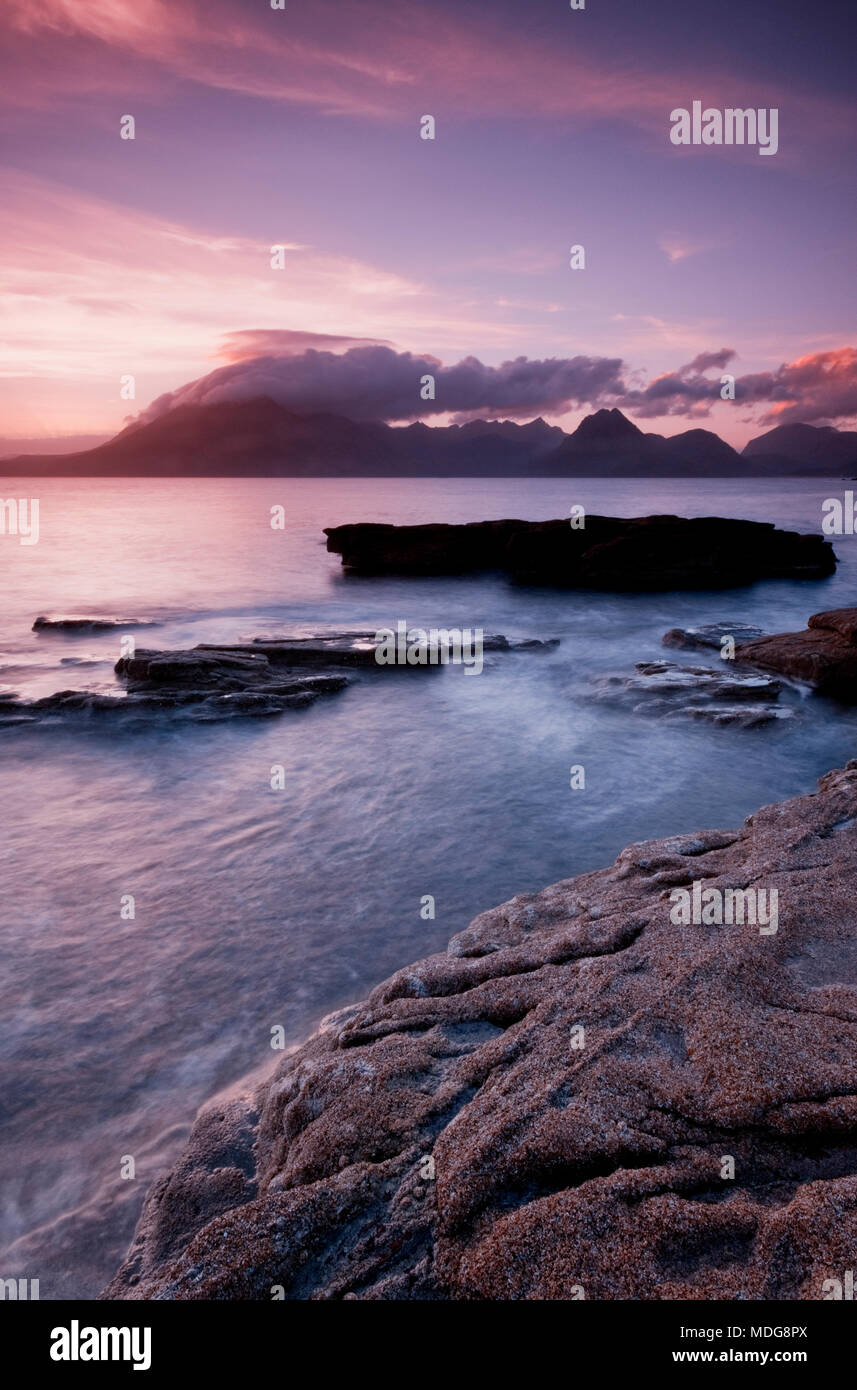 Sunset over the Cuillin mountains viewed from Elgol on the Isle of Skye, Scotland, UK Stock Photo