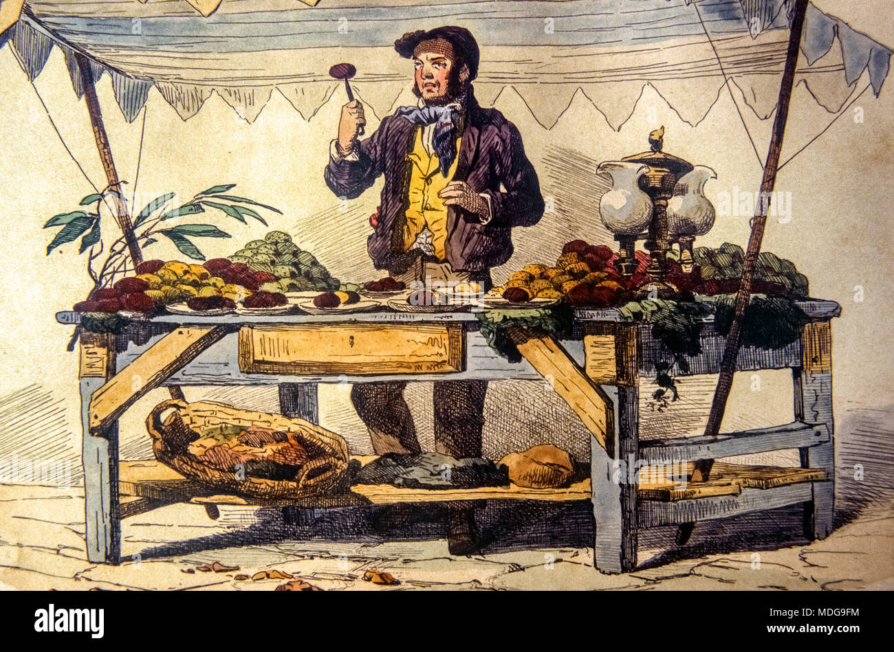 Italy Campania Napoli street vendor with food in a print nineteenth century Stock Photo