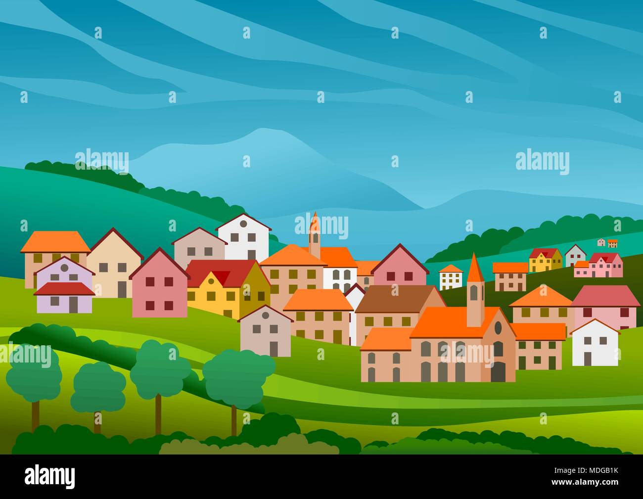 Background with landscape with village. Vector illustration Stock