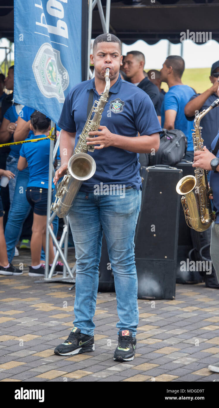 Saxophone player in Panama City, a Sunday session with the police, fire and ambulance services. Stock Photo