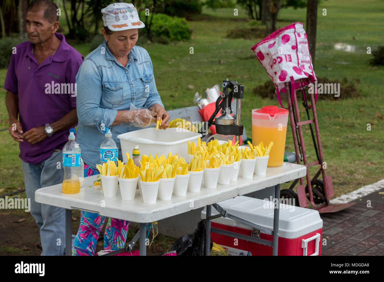 Woman selling fruit slices as cool refreshment, Corredor Sur, Panama City Stock Photo