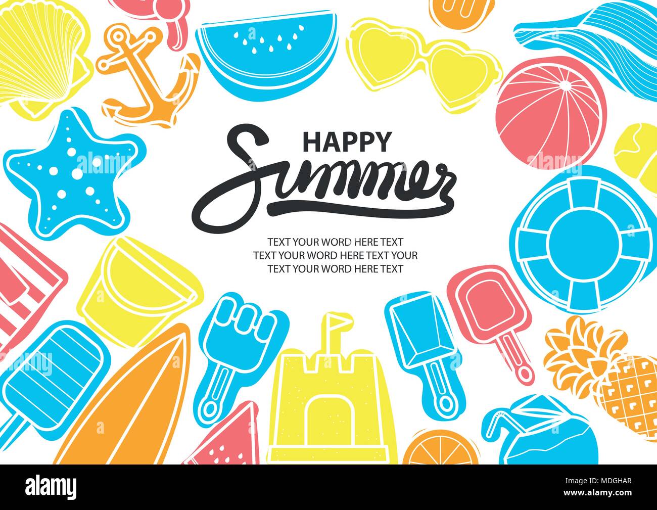 Background design vector illustration for Summer with space for text. Beach stuff in white outline and colorful plane surround gray text at the middle Stock Vector