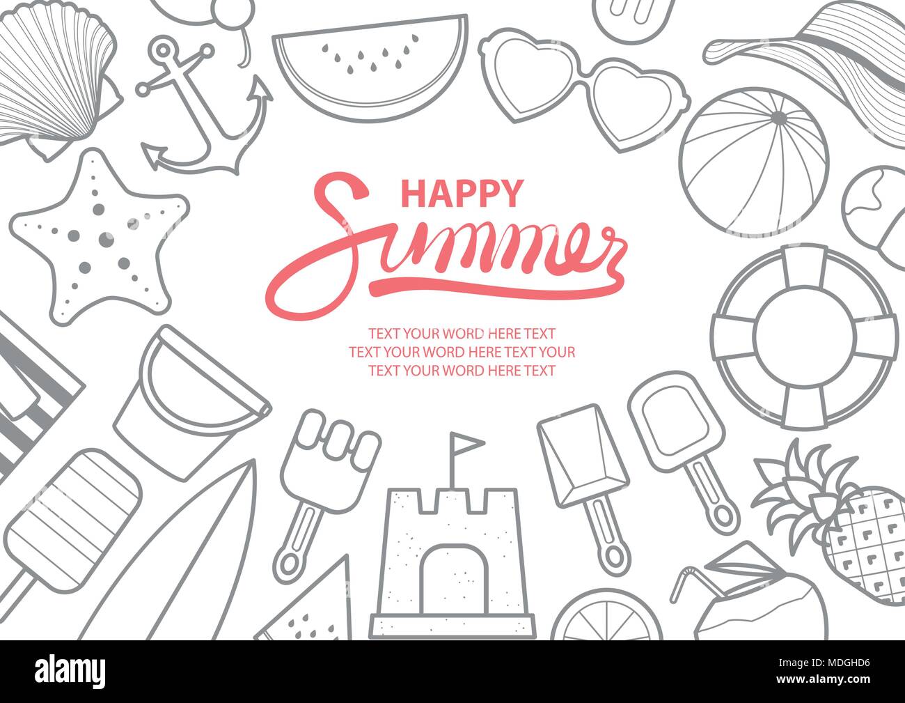 Background design vector illustration for Summer with space for text. Beach stuff in gray outline surround pink text at the middle of picture. Stock Vector
