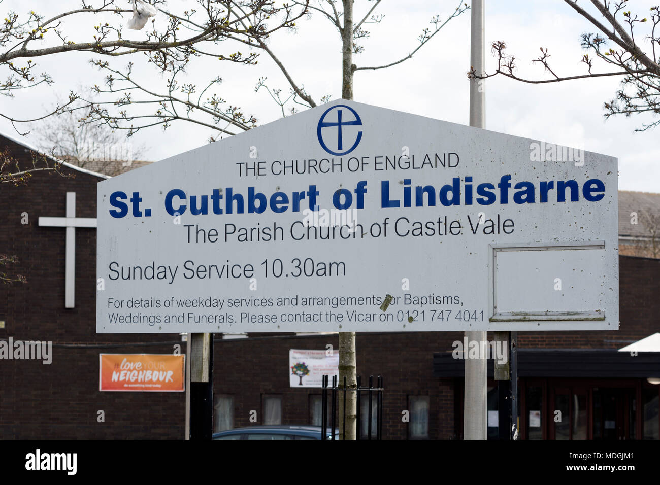 St. Cuthbert of Lindisfarne Church sign, Castle Vale, Birmingham, England, UK Stock Photo