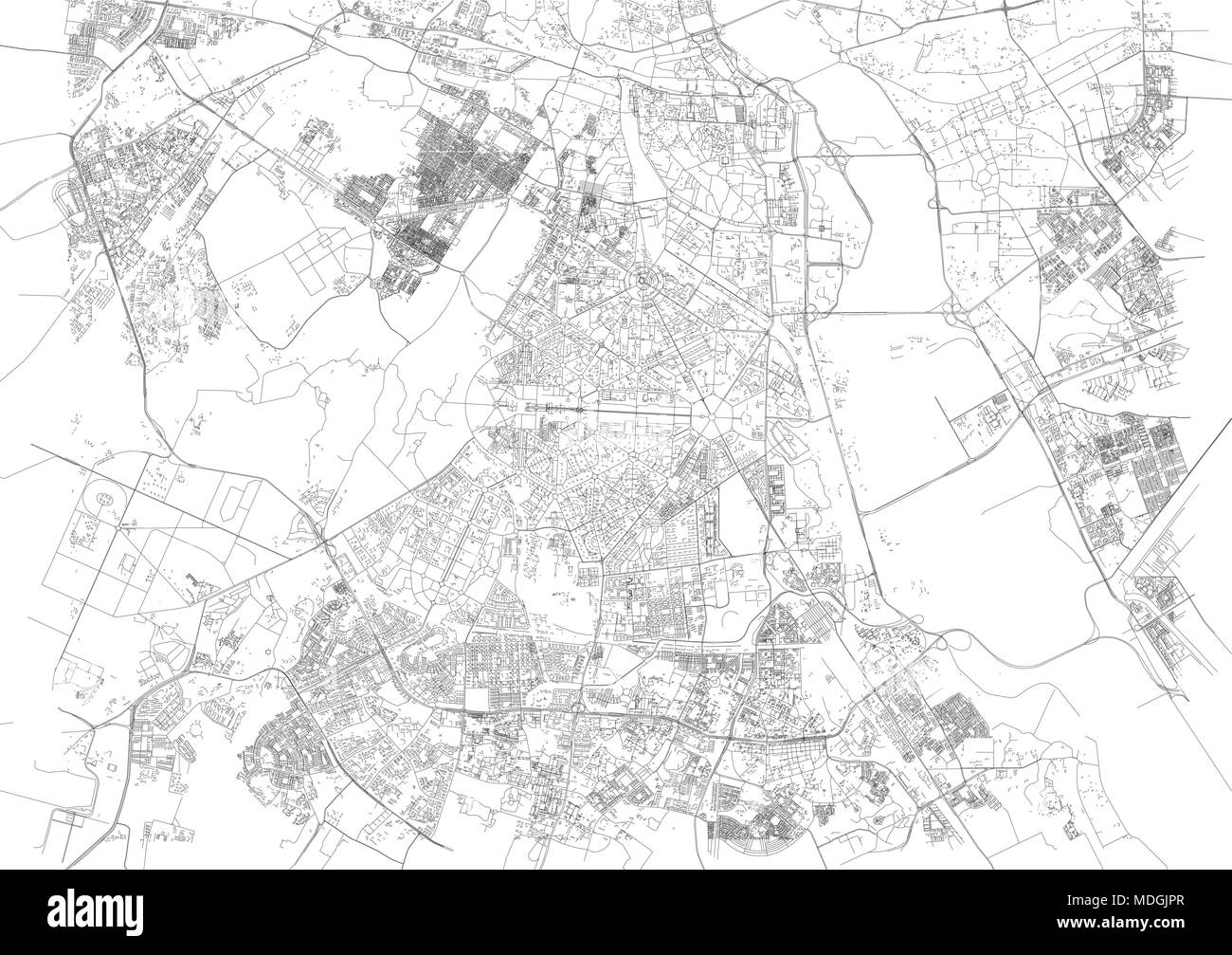 Map of New Delhi, satellite view, city, India. Streets of the city. Capital Stock Vector