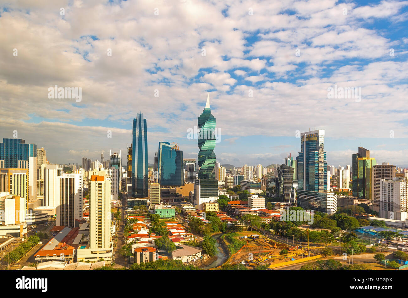 The skyline of Panama city at sunrise with its skyscrapers and modern architecture, Panama, Central America. Stock Photo