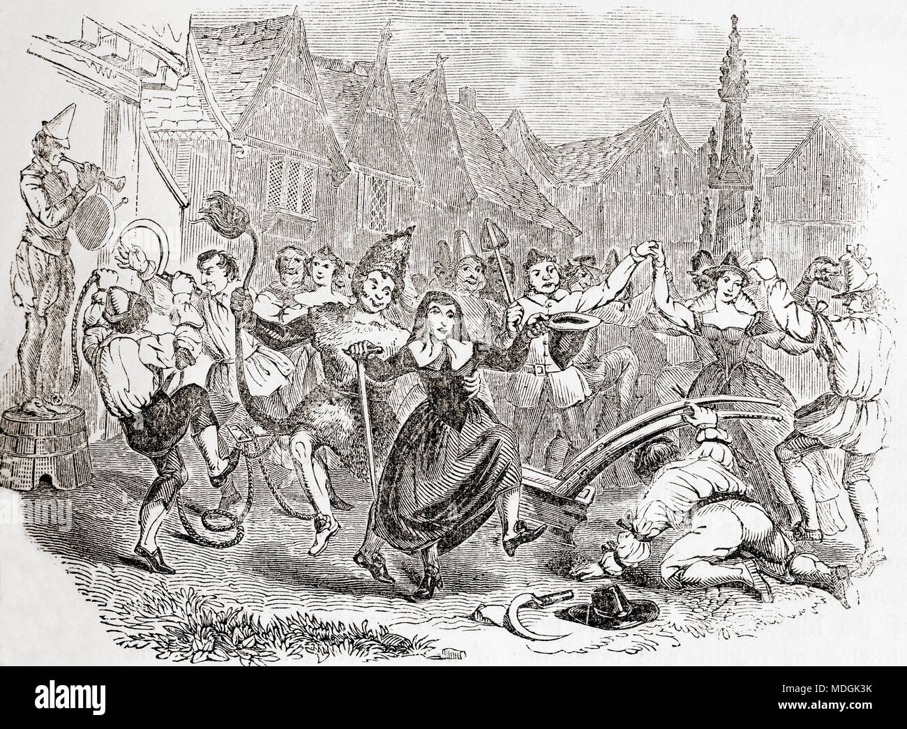 Plough Monday celebrations, the dance of Bessie and the Clown.  Plough Monday celebrated the start of the ploughing season after Christmas. Ploughboys took a decorated plough around the village, begging for money, food or drink.  From Old England: A Pictorial Museum, published 1847. Stock Photo
