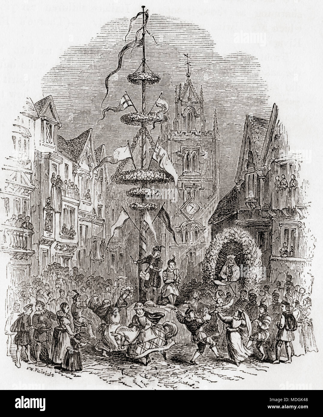 Maypole dancing in front of St Andrew Undershaft Church, London, England in the 19th century. From Old England: A Pictorial Museum, published 1847. Stock Photo