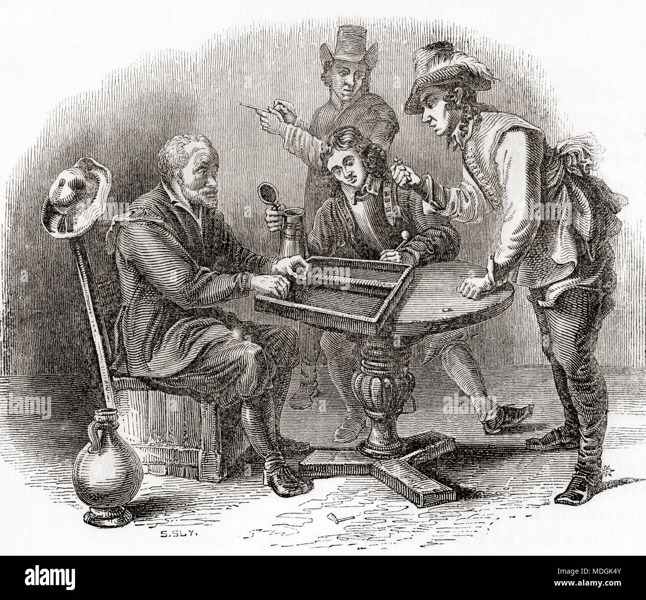 Men playing a game of Tric Trac, aka Tables, an early French form of backgammon.  From Old England: A Pictorial Museum, published 1847. Stock Photo