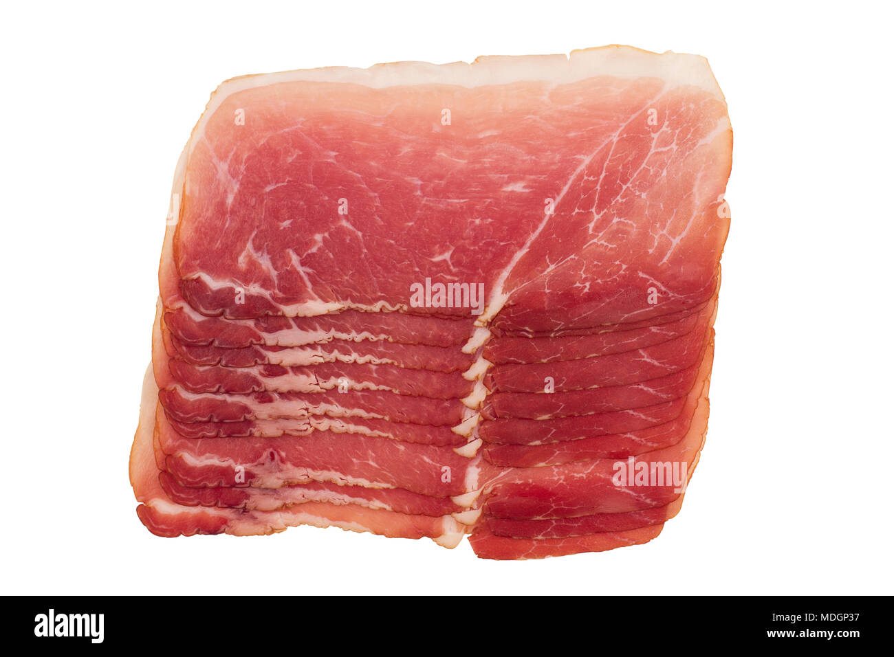 top view of slices of smoked pork loin ham arranged in a stack isolated
