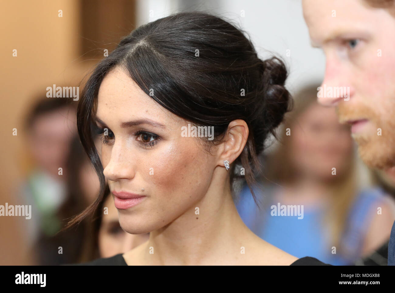 Prince Harry and Meghan Markle attend a women's empowerment reception at the Royal Aeronautical Society in London during the Commonwealth Heads of Government Meeting. Stock Photo