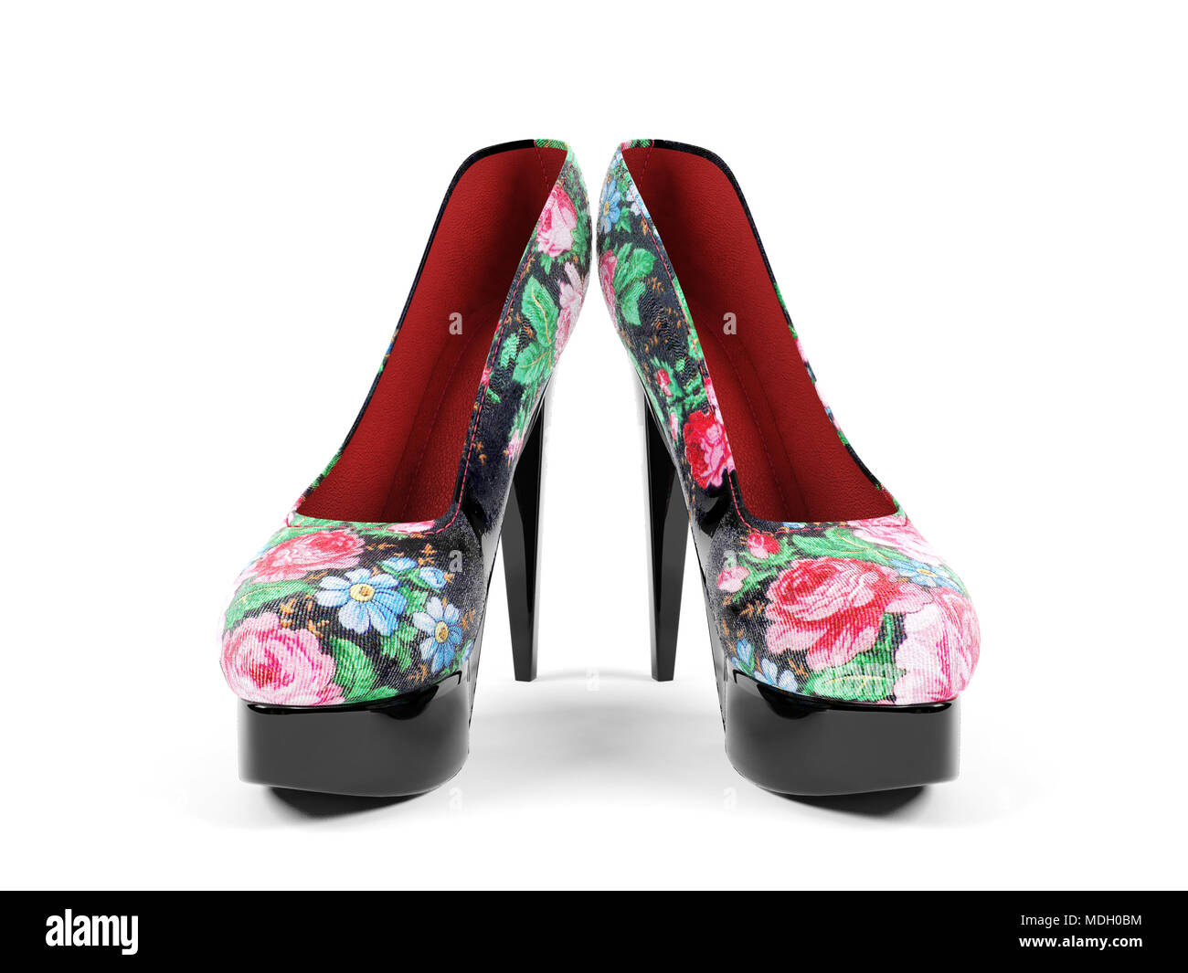 Female high heeled shoes with flower pattern isolated on white background,  front view Stock Photo - Alamy