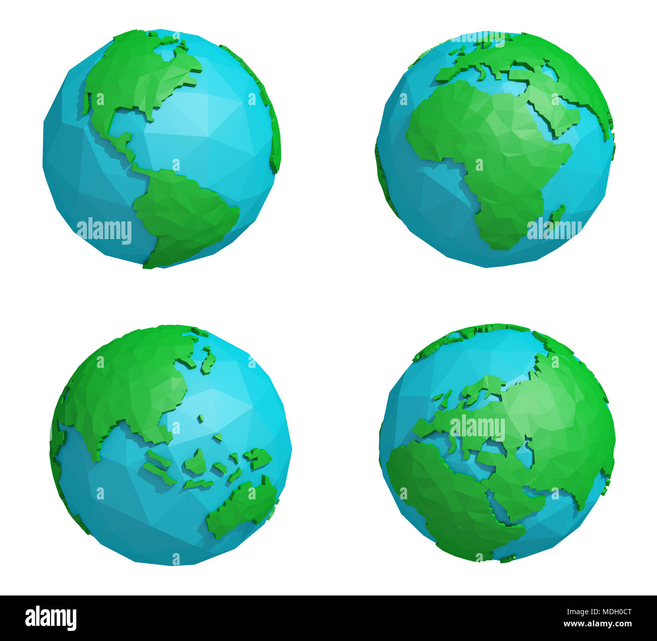 Set of low poly earth planet with four continents, polygonal globe icon, 3D rendering Stock Photo