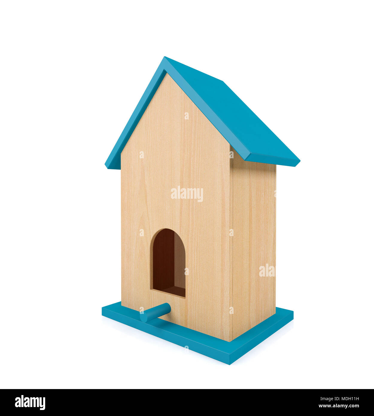 View of Wooden birdhouse with blue roof isolated on white background, 3D ...