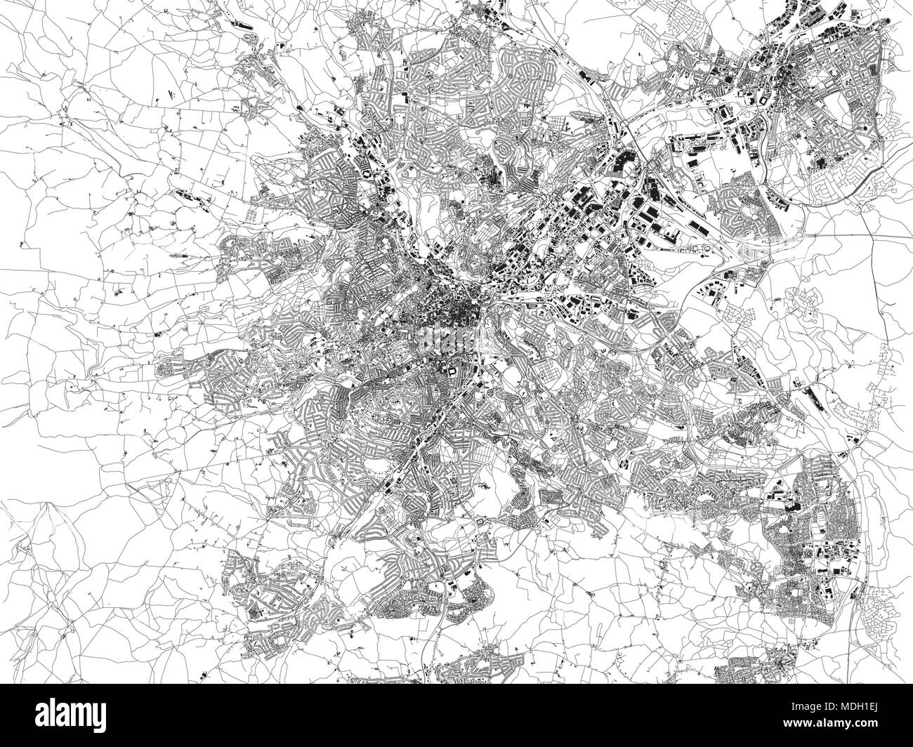 Map of Sheffield, satellite view of the city, streets and houses, England. UK Stock Vector