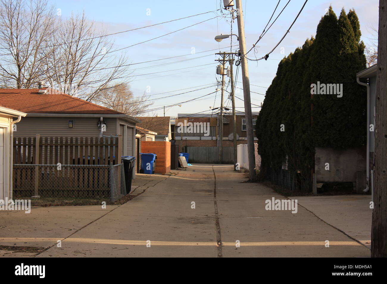 Quiet residential alley streetscape located in Chicago, Illinois Stock