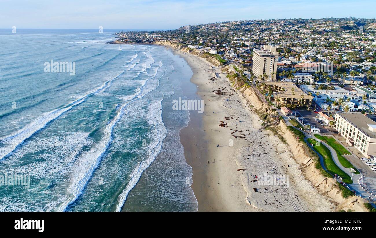 Aerial view of Pacific Beach with hotels, homes, coastline and ocean