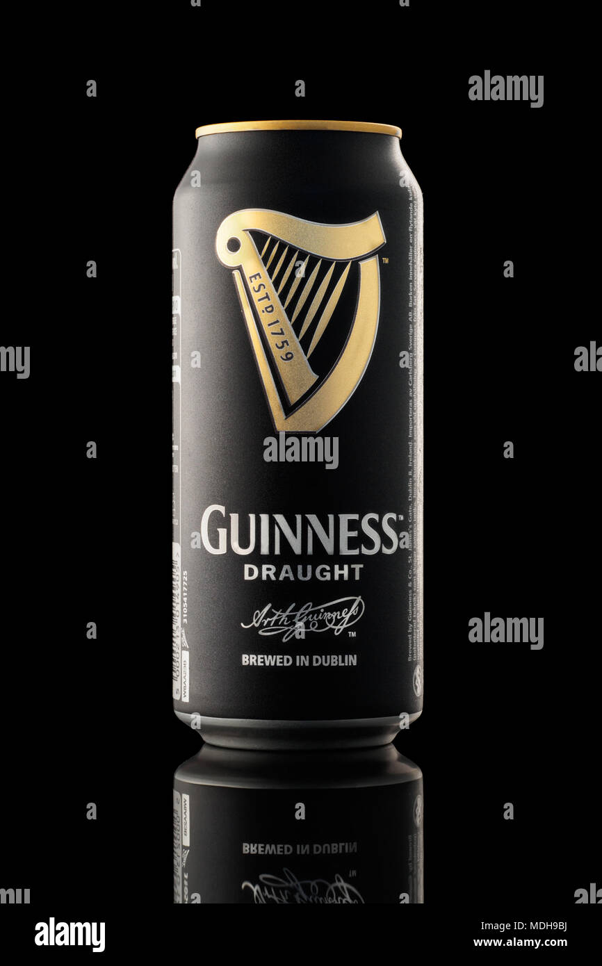 CHELYABINSK, RUSSIA - April 11,2018 Aluminum can of Guinness draught beer advertising shot on black background Stock Photo
