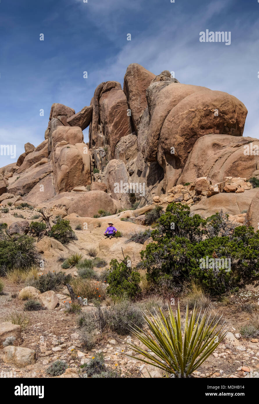 A senior woman in lotus pose in Joshua Tree National Park; California, United States of America Stock Photo