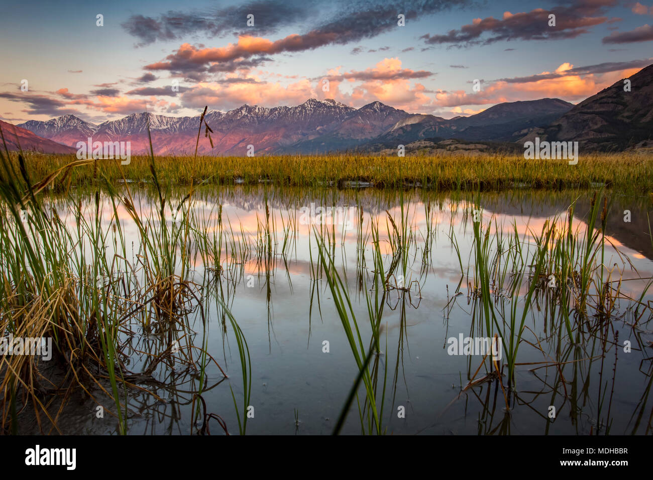 Tranquil landscape at sunrise of reflections in water in the foreground and a mountain range in the distance, Kluane National Park and Reserve Stock Photo