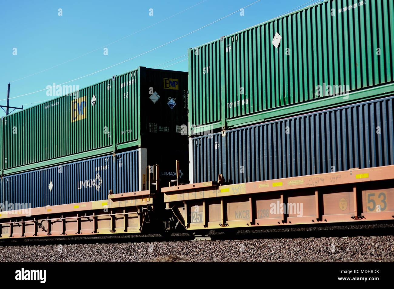 Geneva, Illinois, USA. An Union Pacific unit freight train out of Chicago traveling through Geneva, Illinois. Stock Photo