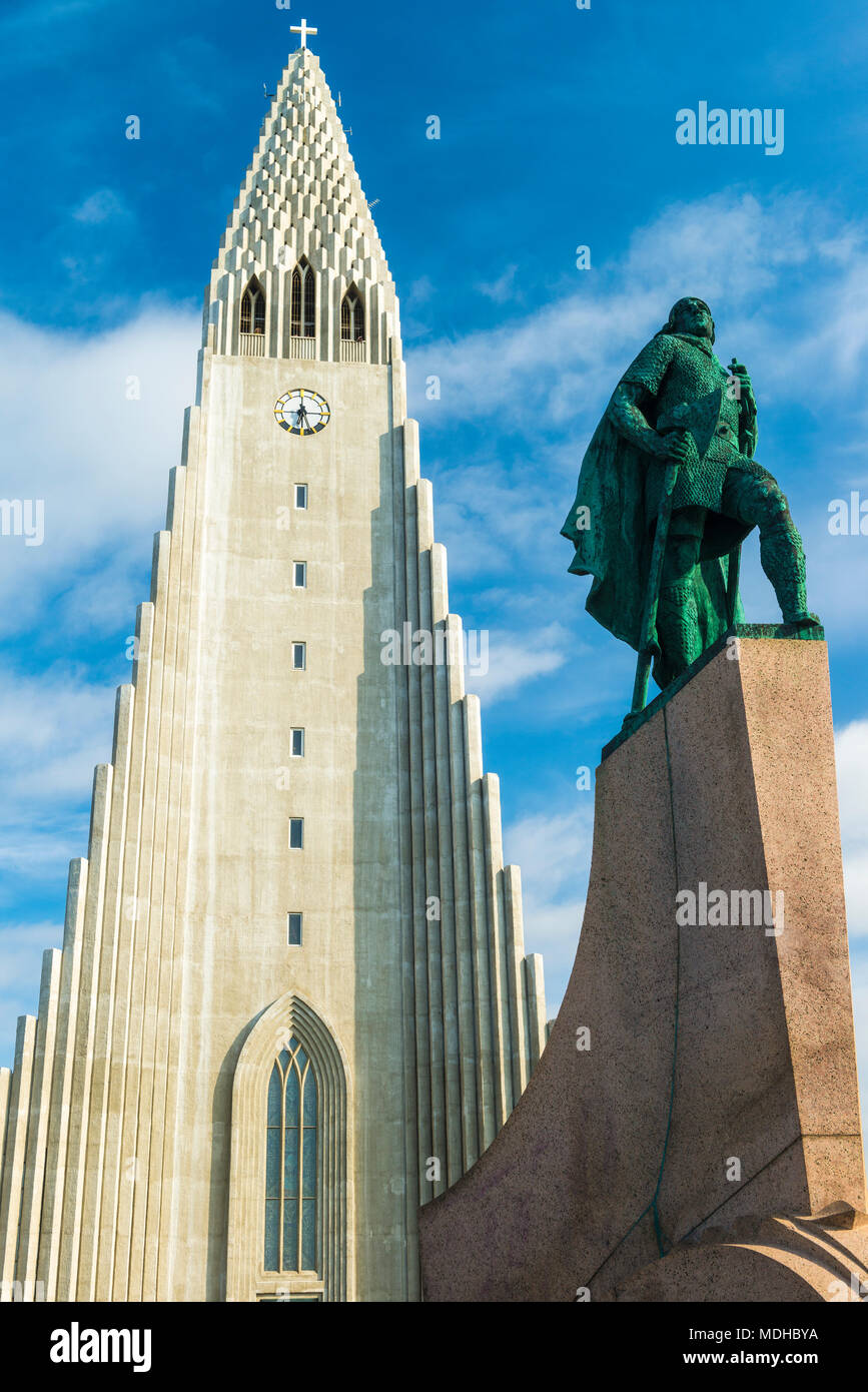 Statue of Leif Eriksson in front of the Hallgrimur church; Reykjavik, Iceland Stock Photo