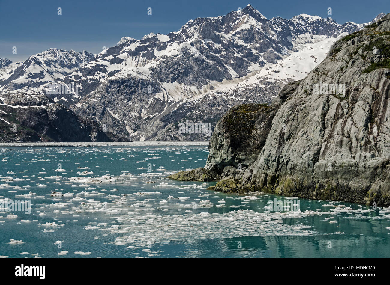 View West across mid Glacier Bay from tour boat Baranof Wind, Glacier Bay National Park and Preserve; Alaska, United States of America Stock Photo