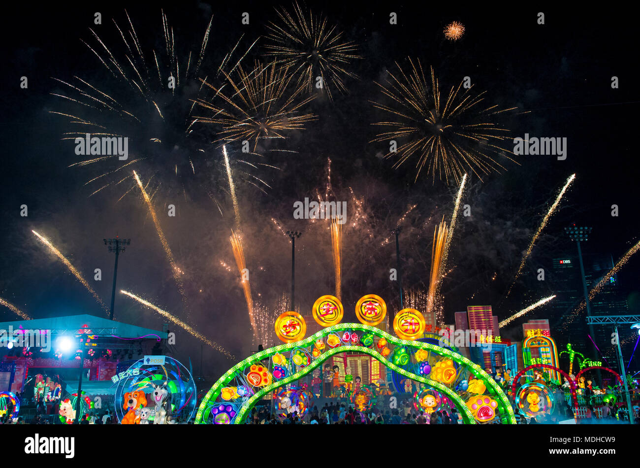 Fireworks during the lanterns at River Hongbao celebration in Singapore Stock Photo