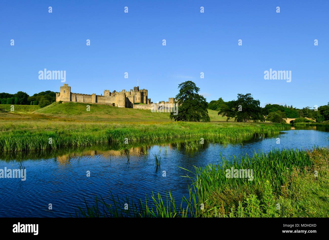 Alnwick Castle and Capability Brown parkland on the River Aln; Alnwick, Northumberland, England Stock Photo