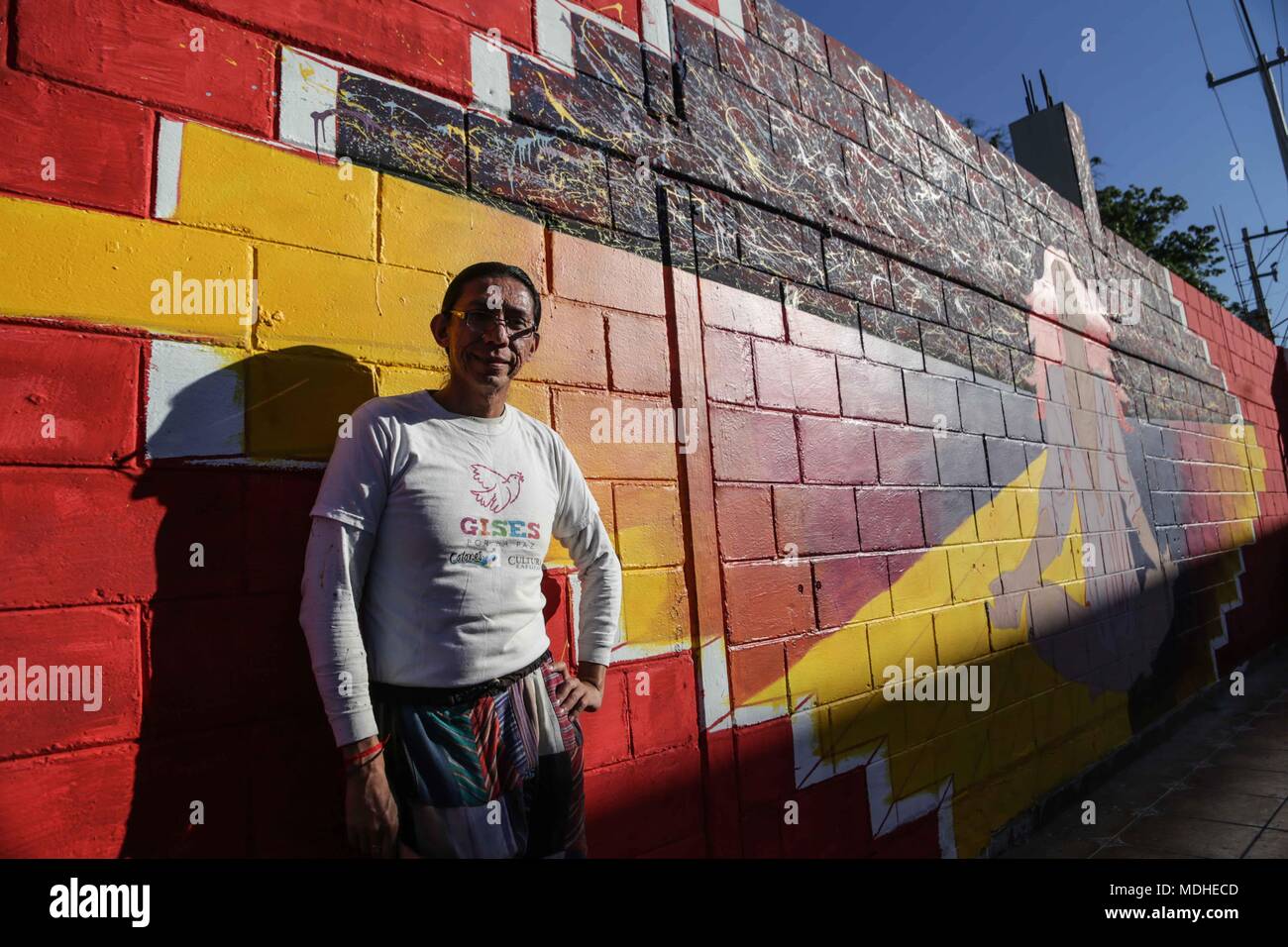 Rene Linares, painter originally from Guadalajara, paints mural in the Historic Center of Hermosillo, as part of the artistic projects of Casa Madrid. Stock Photo