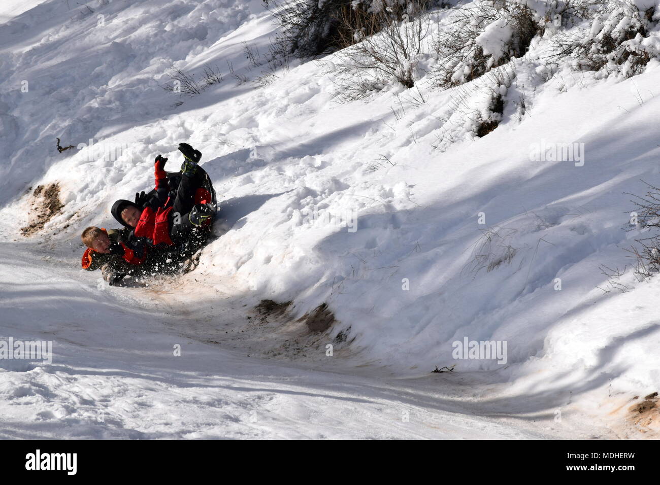 children sledding Steamboat Gulch, Idaho Stock Photo