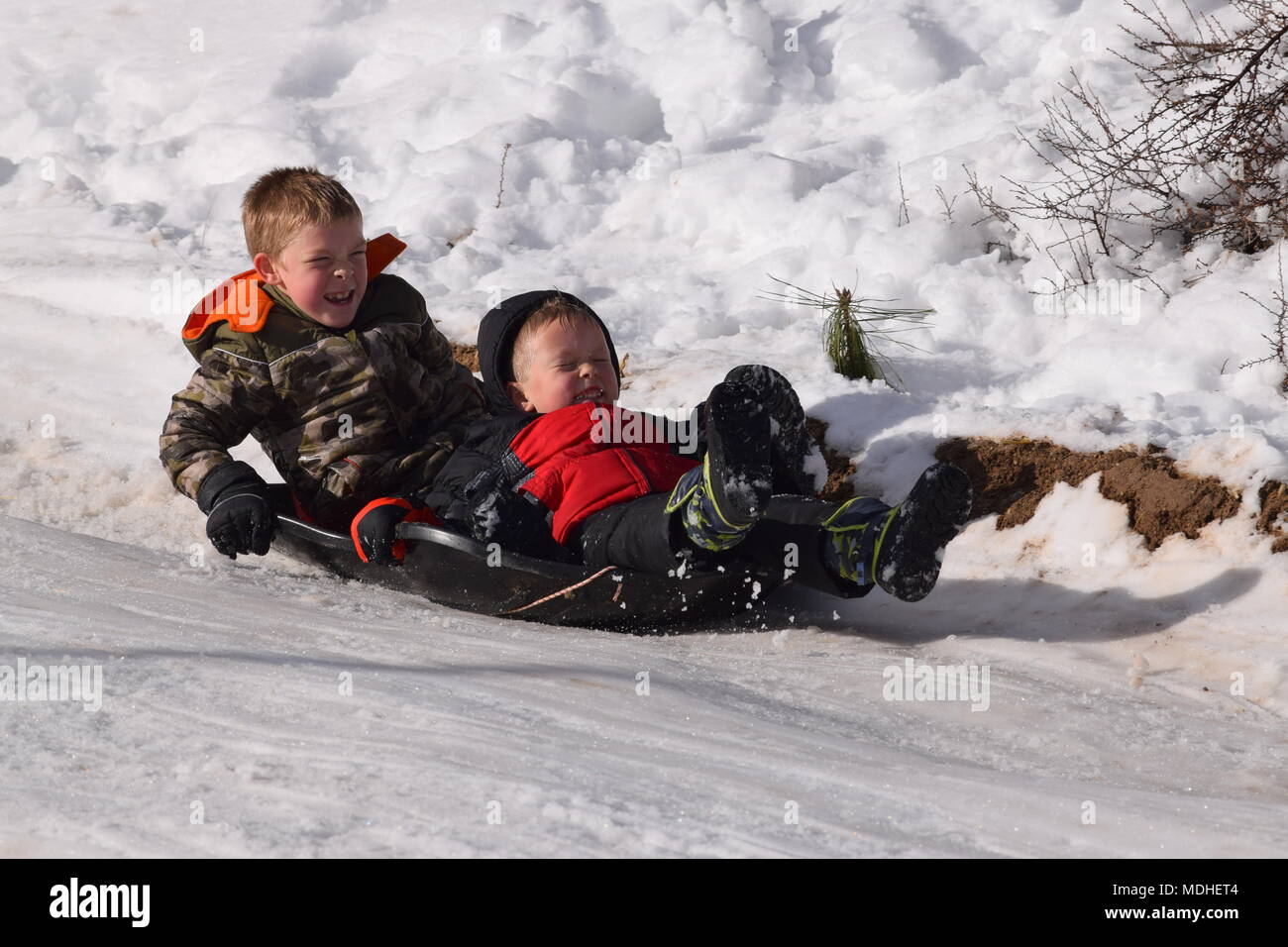 children sledding Steamboat Gulch, Idaho Stock Photo
