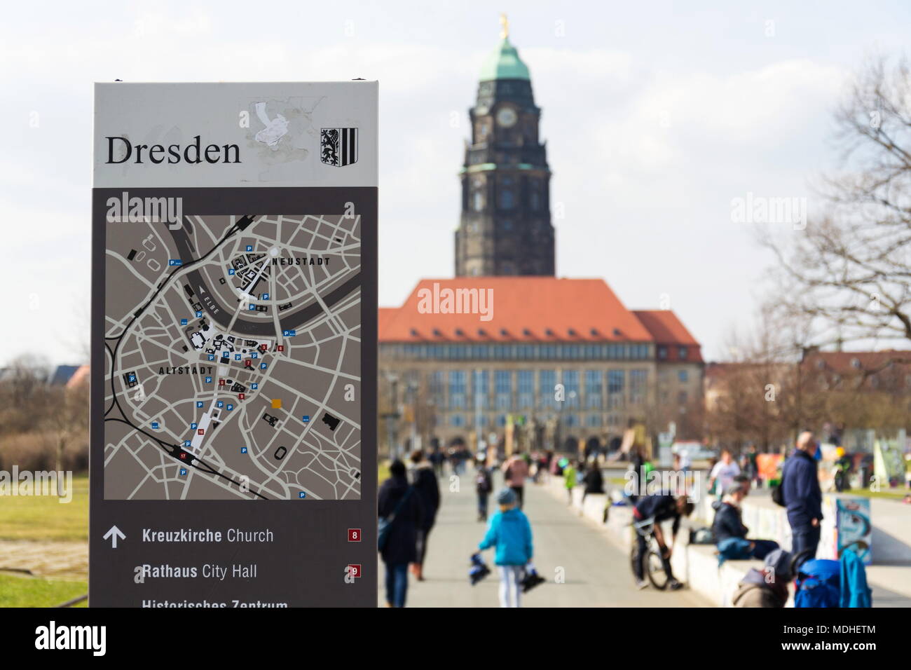 Dresden map in Lingnerallee skatepark with City Hall in background Stock Photo