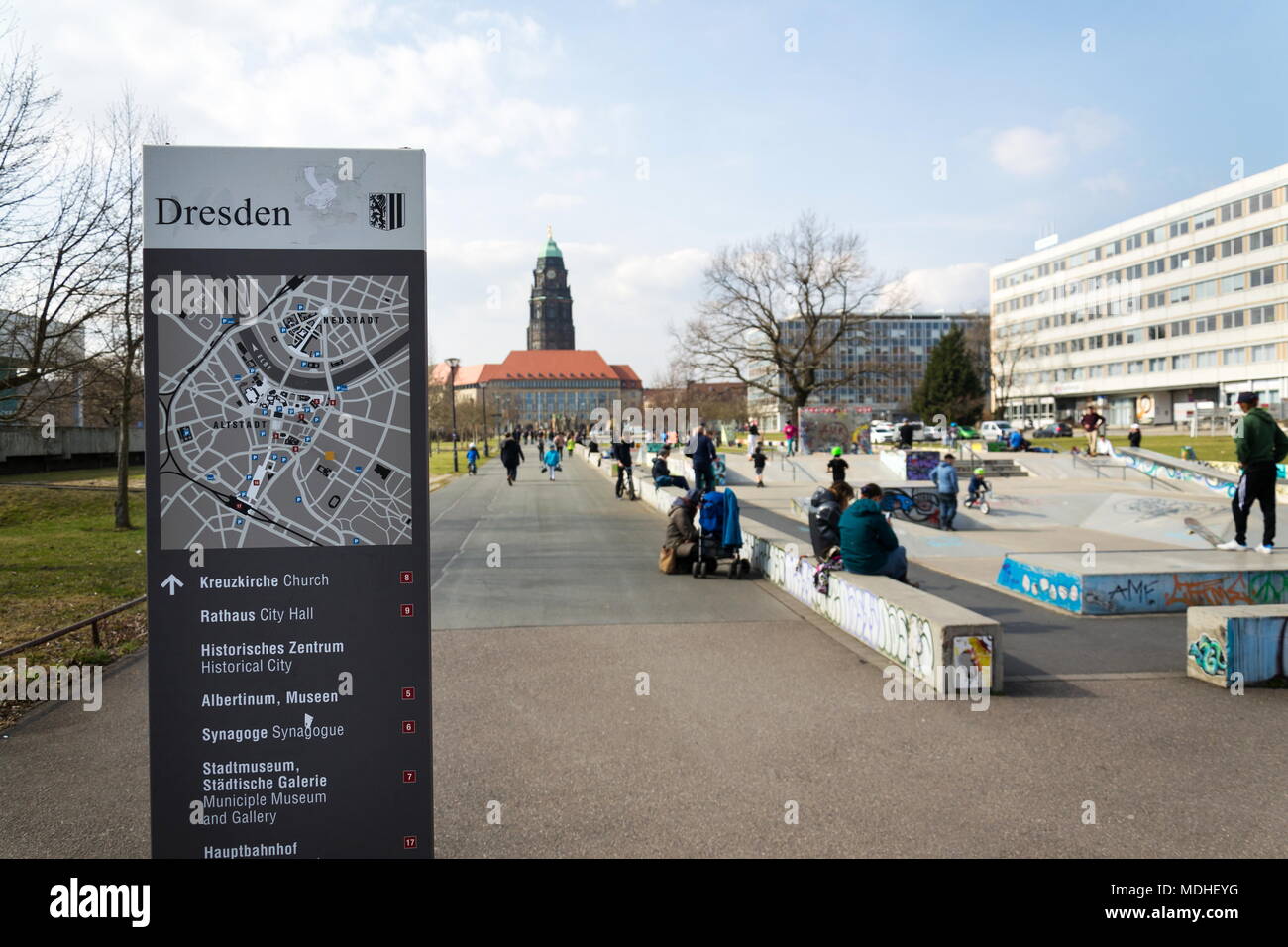 Dresden map in Lingnerallee skatepark with City Hall in background Stock Photo