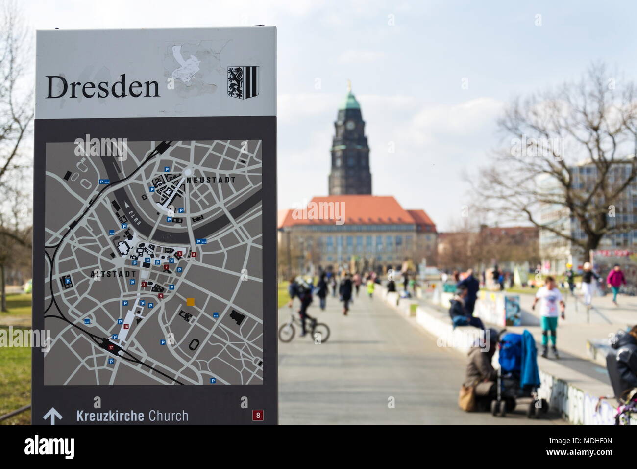 Dresden map in Lingnerallee skatepark with City Hall in background Stock Photo