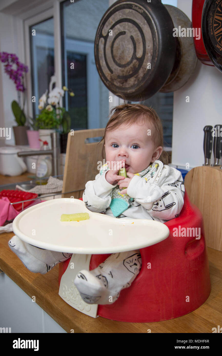 6 month old baby girl baby led weaning Stock Photo - Alamy