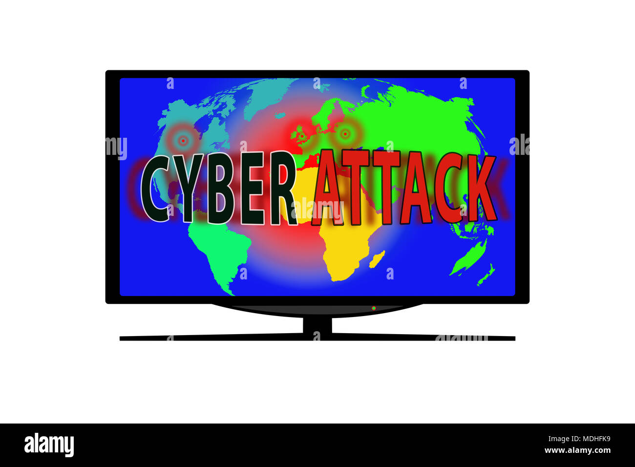 Monitor on white background. On the TV screen the world map and the words CYBER ATTACK Stock Photo