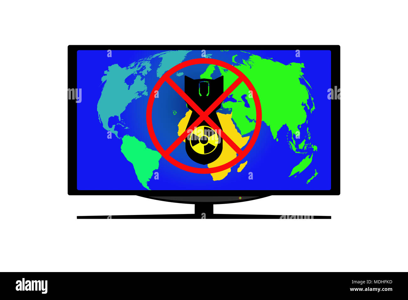 Monitor on white background. On the monitor screen is a world map and and crossed out the silhouette of an atomic bomb Stock Photo