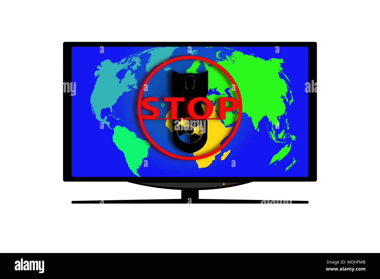 Monitor on white background. On the screen of The world map, the silhouette of an atomic bomb and a red circle with the word STOP. Stock Photo