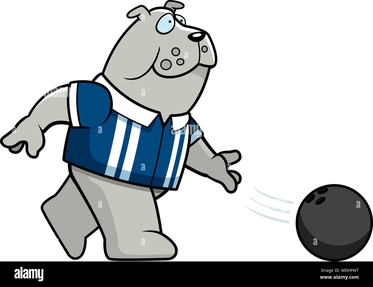 A cartoon illustration of a bulldog bowling a ball. Stock Vector