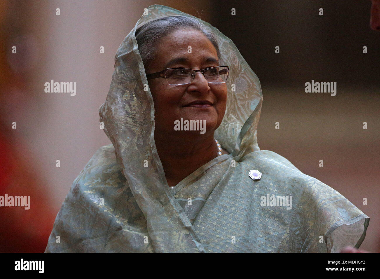 Prime Minister of Bangladesh Sheikh Hasina arrives in the East Gallery at Buckingham Palace in London as Queen Elizabeth II hosts a dinner during the Commonwealth Heads of Government Meeting. Stock Photo