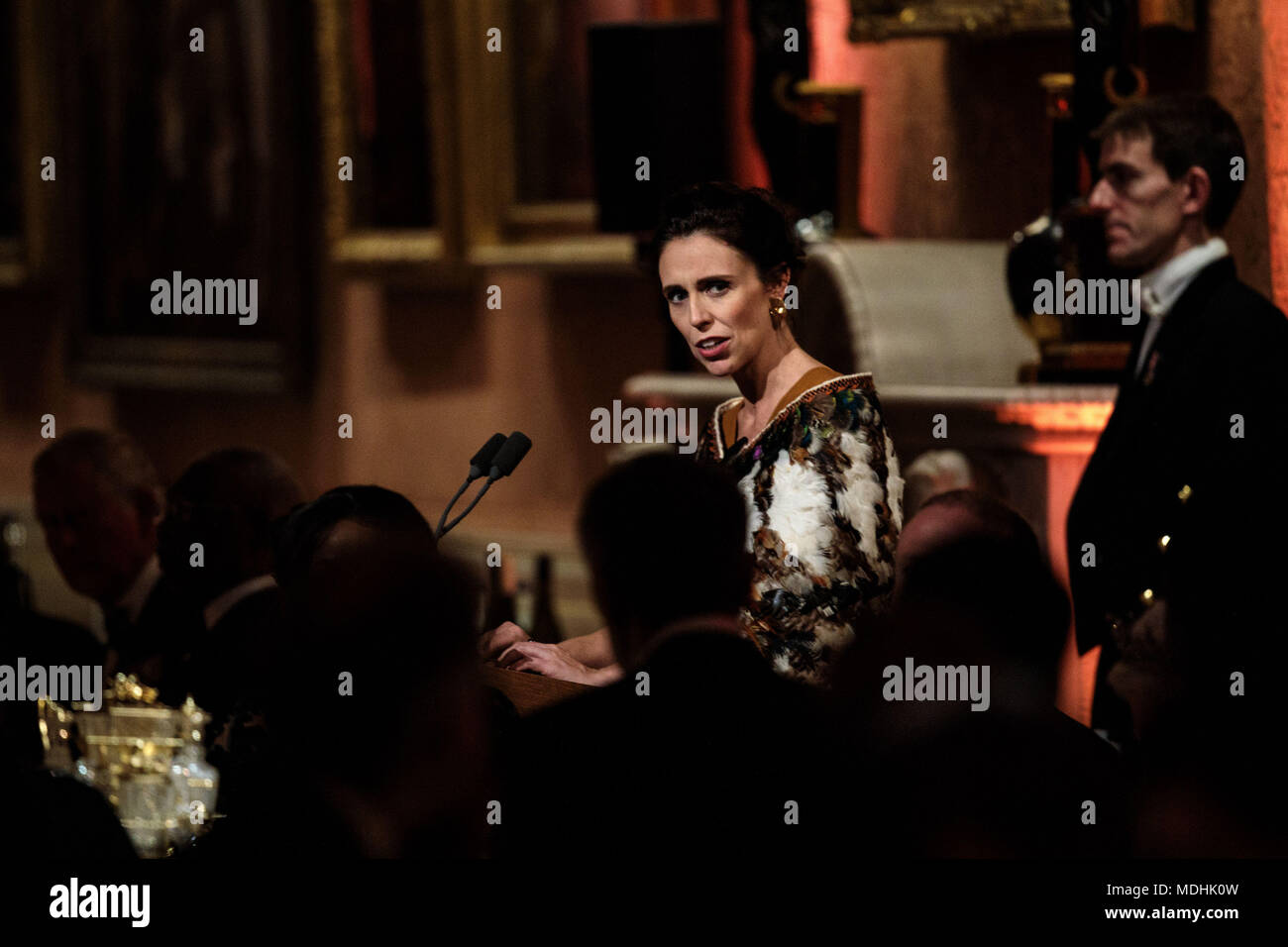 Prime Minister of New Zealand Jacinda Ardern makes a speech as she attends a dinner hosted by Queen Elizabeth II at Buckingham Palace in London during the Commonwealth Heads of Government Meeting. Stock Photo