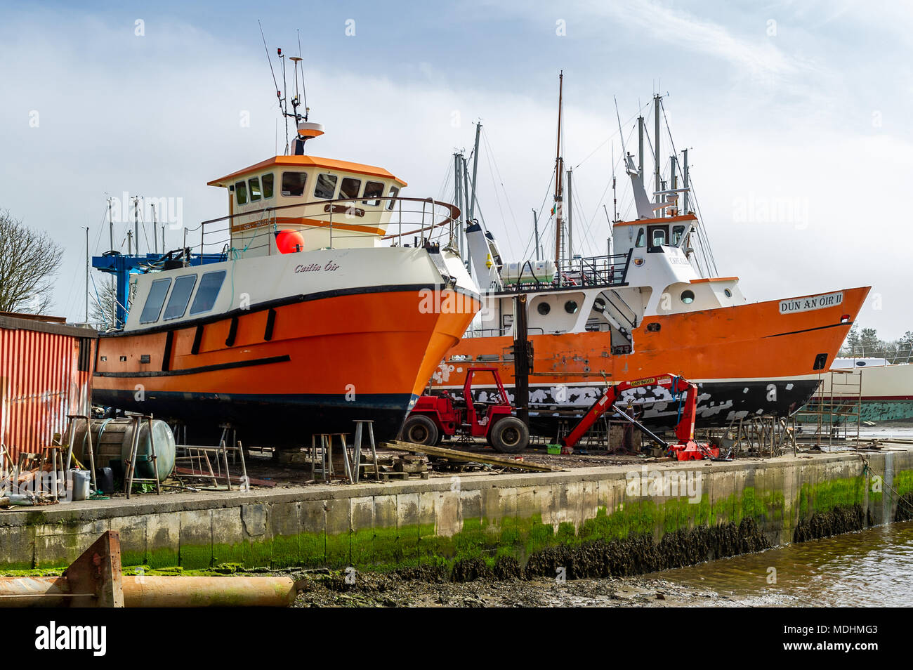 Cape Clear Ferries out of the water for maintenance work in O'Driscolls Boatyard, Skibbereen, West Cork, Ireland with copy space. Stock Photo