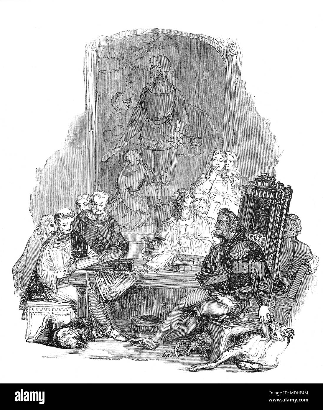 Jean Froissart reading to the Count of Foix who ruled the independent County of Foix, in what is now southern France, during the Middle Ages. The House of Foix eventually extended its power across the Pyrenees mountain range, moving their court to Pau in Béarn. The last Count unified with King Henry IV of France in 1607.  Jean Froissart (1337 – 1405) was a French-speaking medieval author and court historian from the Low Countries. His Chronicles have been recognised as the chief expression of the chivalric revival of the 14th century Kingdom of England and Kingdom of France. Stock Photo