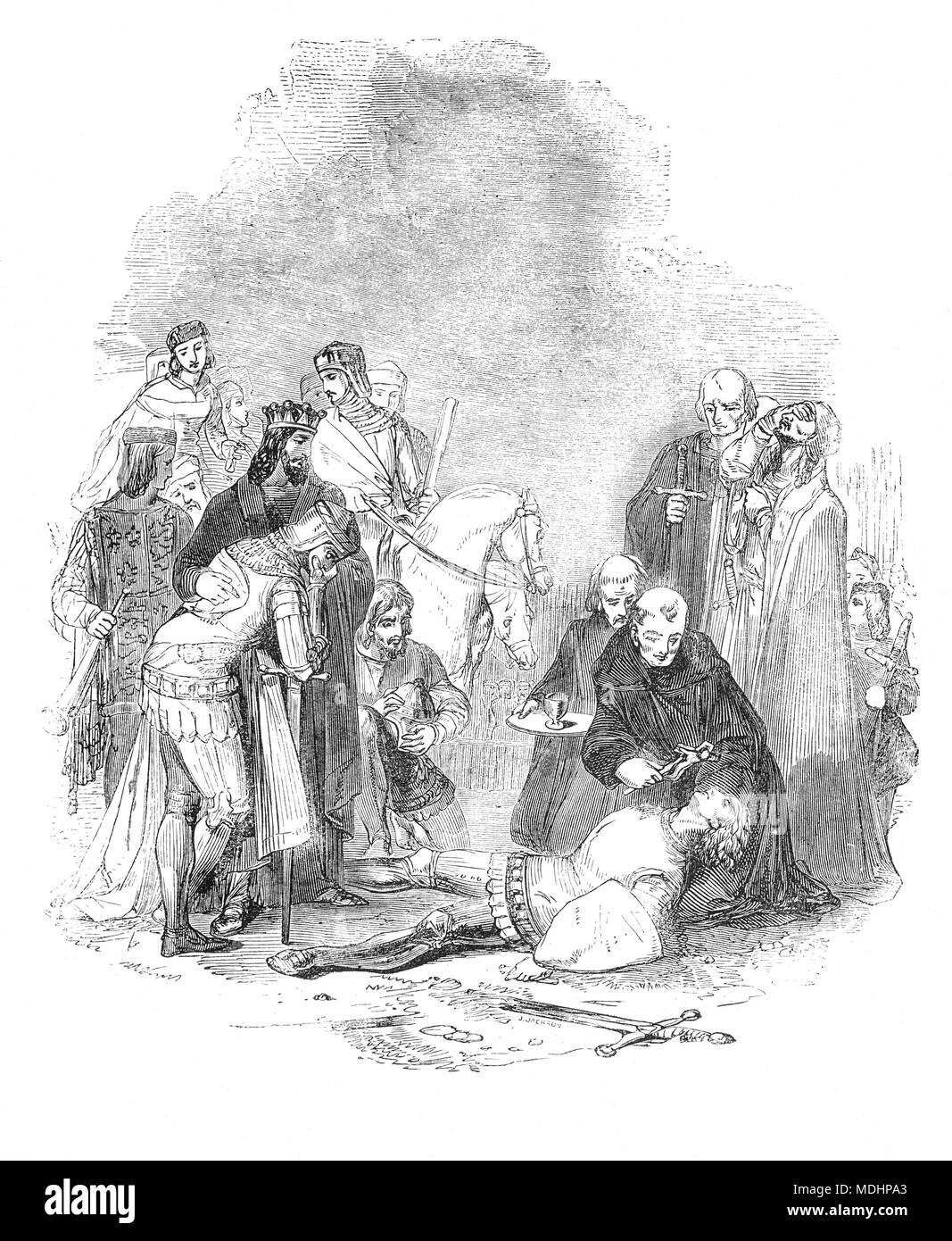 The death of Sir John Chandos in 1369 during a skirmish with the French. He was  medieval English knight and close friend of Edward, the Black Prince and a founding member and 19th Knight of the Order of the Garter in 1348. Described by the medieval historian Froissart as 'wise and full of devices', as a military strategist Chandos is believed to have been the mastermind behind three of the most important English victories of the Hundred Years War: the Battle of Crécy, the Battle of Poitiers and the Battle of Auray. Stock Photo
