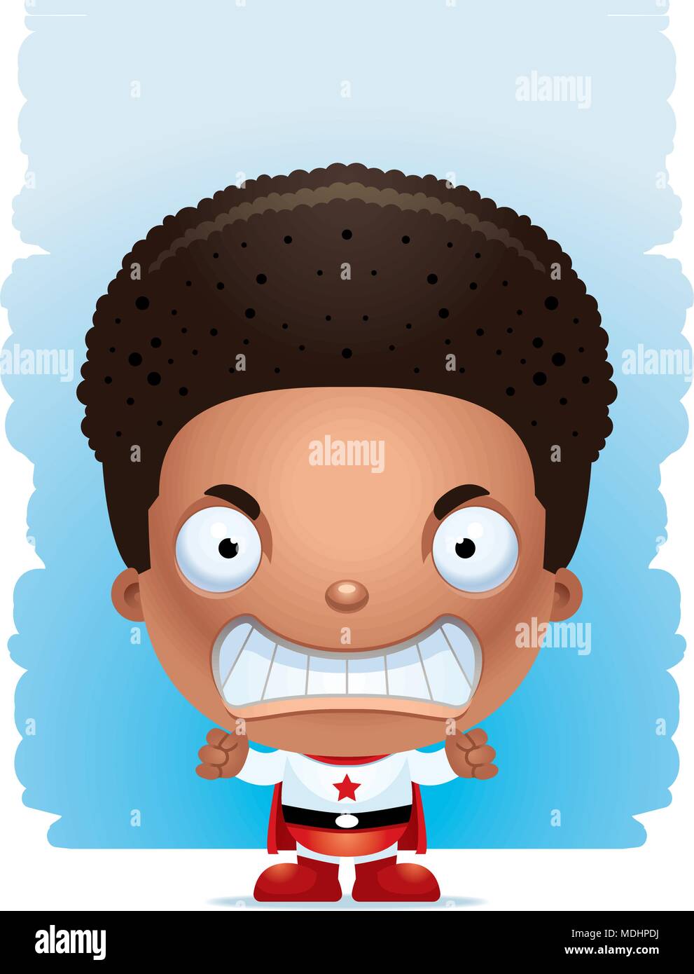 A cartoon illustration of a boy superhero with an angry expression ...