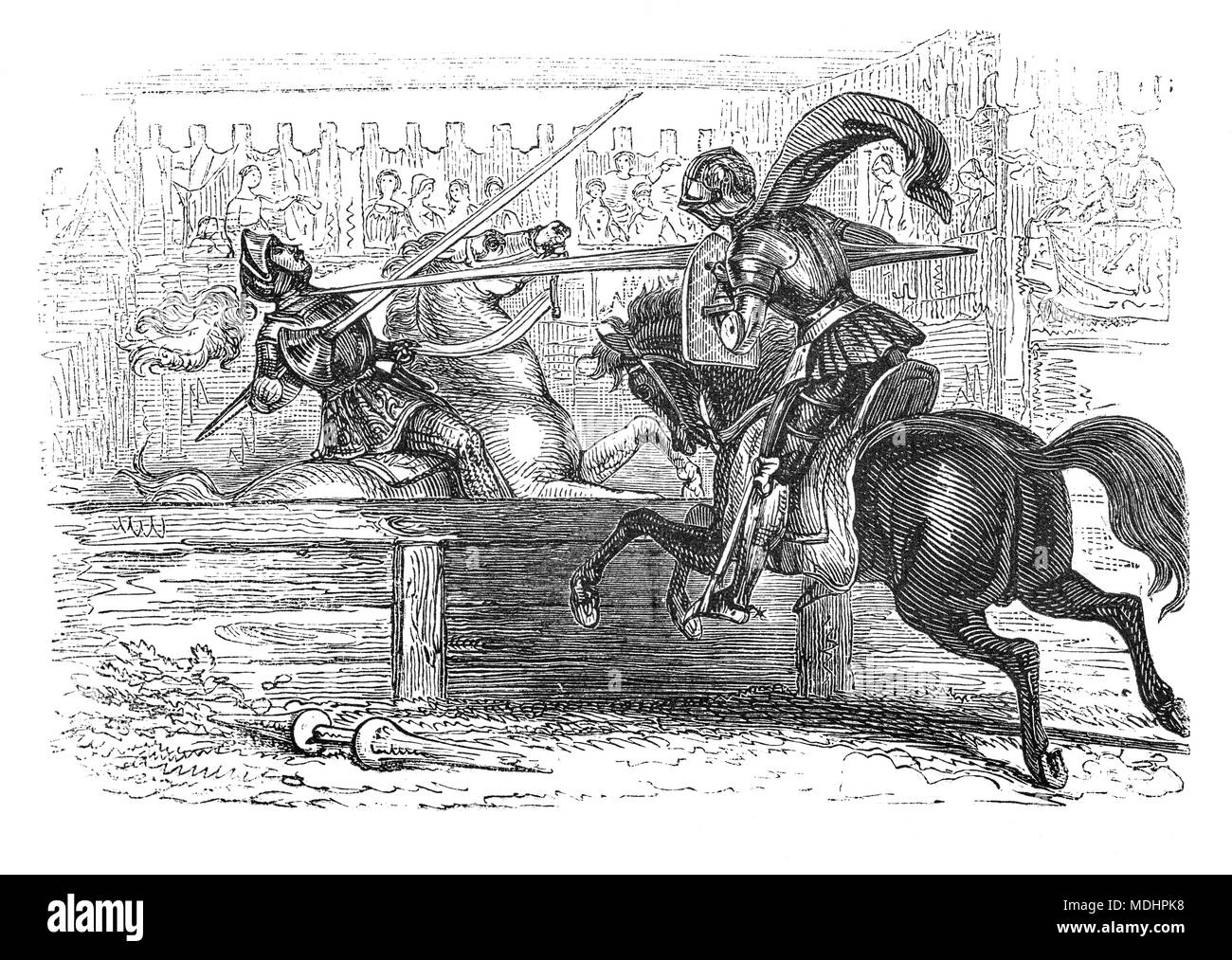 In 1337, 17 year old Bertrand du Guesclin attended a medieval tournament that was taking place in Rennes. Mocked by young Knights because of his appearance, and not being part of the nobility, he wasn't allowed to take part. He managed to find a horse,  a helmet to cover his face and disguise his identity. Legend has it that he won every jousting competition that he was challenged to that day defeating no less than 15 well trained and armed knights. Everybody wanted to know who this brilliant knight was, finally someone lifted the visor of his helmet to reveal his identity. Stock Photo